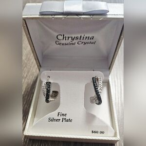 NIB Chrystina Genuine Crystal black and silver hoop earrings